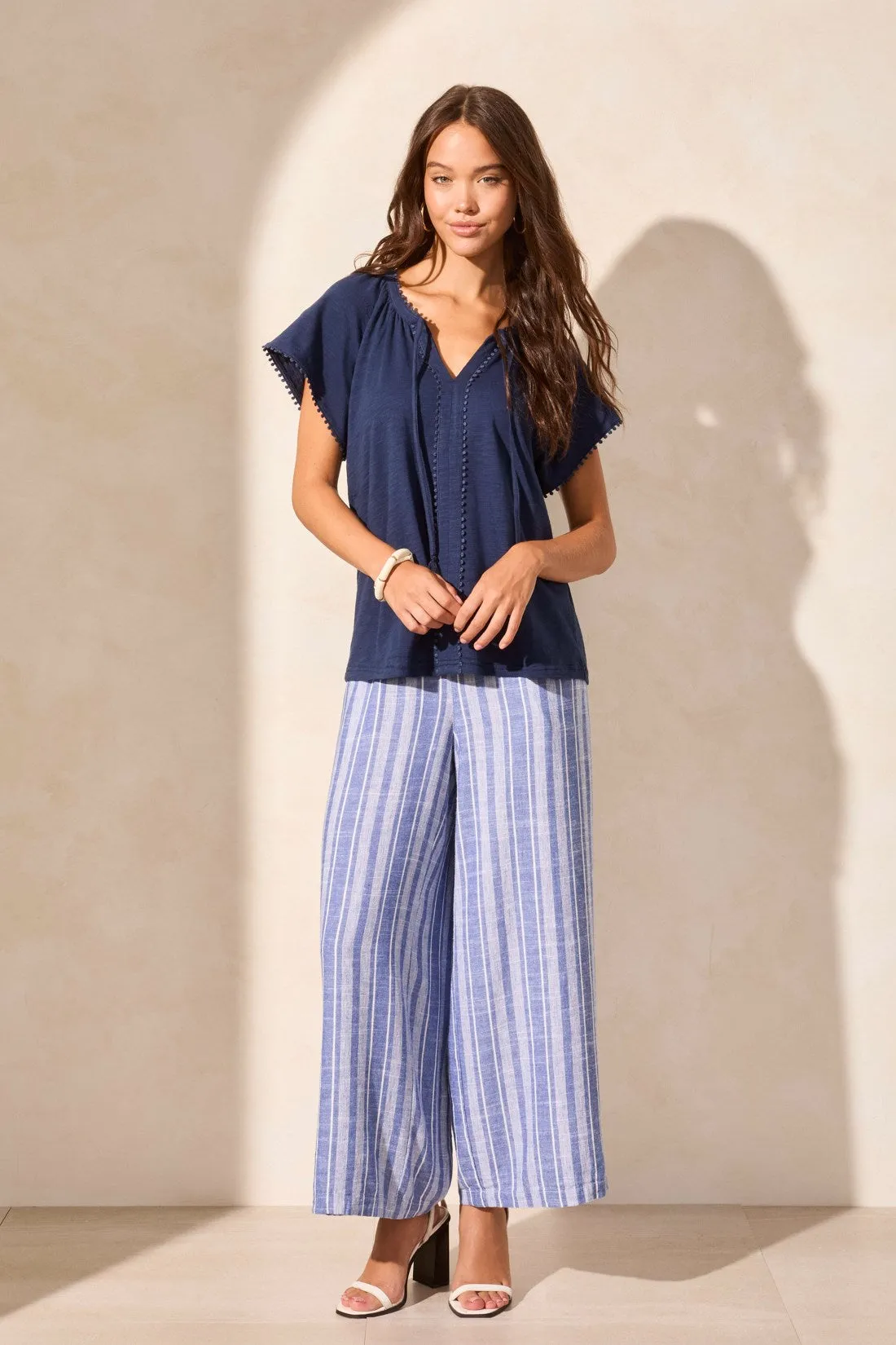 Cotton Slub Knit Short-Sleeve Notch Neck Top-Jet Blue sold by Tribal