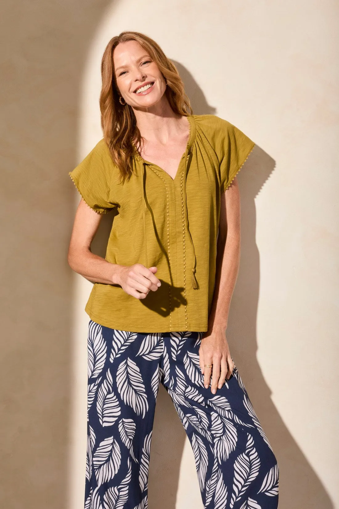 Cotton Slub Knit Short-Sleeve Notch Neck Top-Greenmoss sold by Tribal product image thumbnail 3