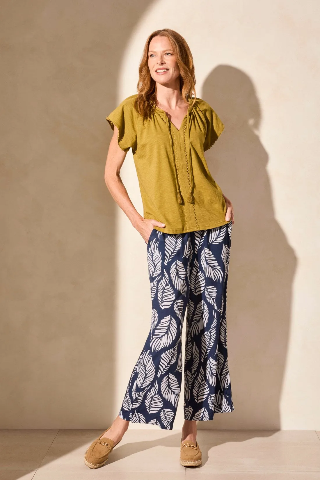 Cotton Slub Knit Short-Sleeve Notch Neck Top-Greenmoss sold by Tribal