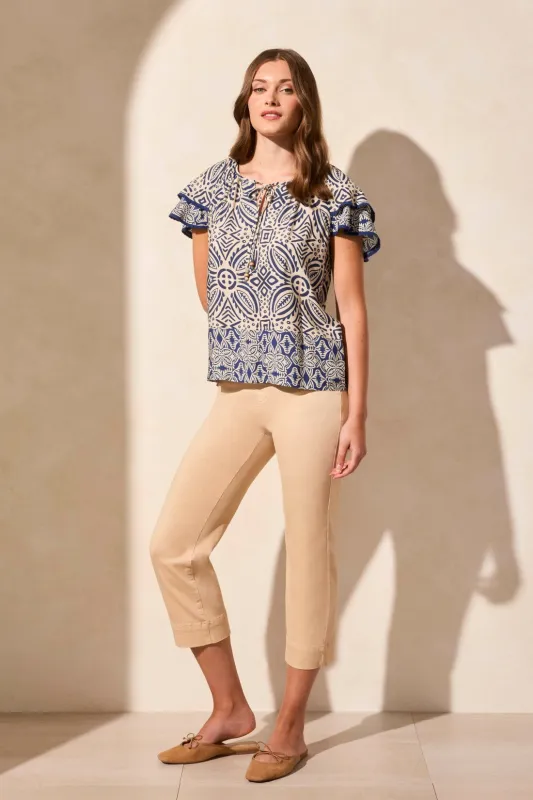 Flutter-Sleeve Crew Neck Blouse-Safari sold by Tribal