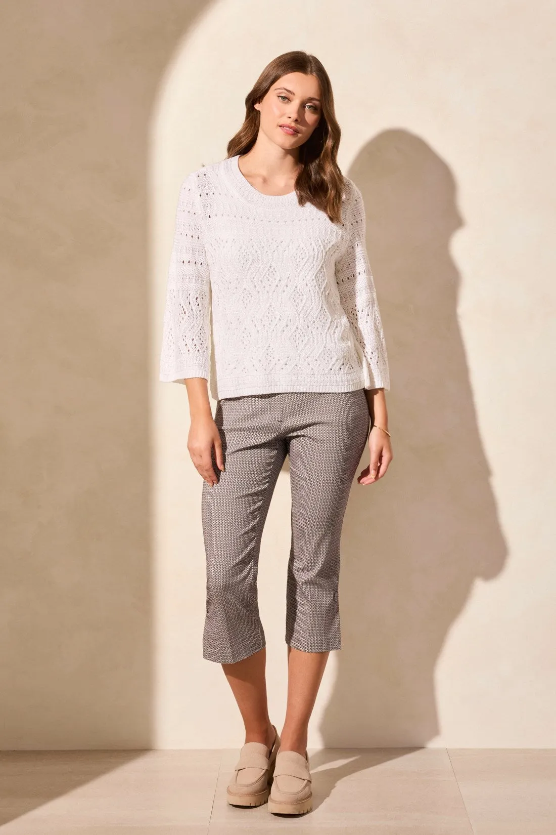 Bell-Sleeve Cable Knit Crew Neck Sweater-White sold by Tribal