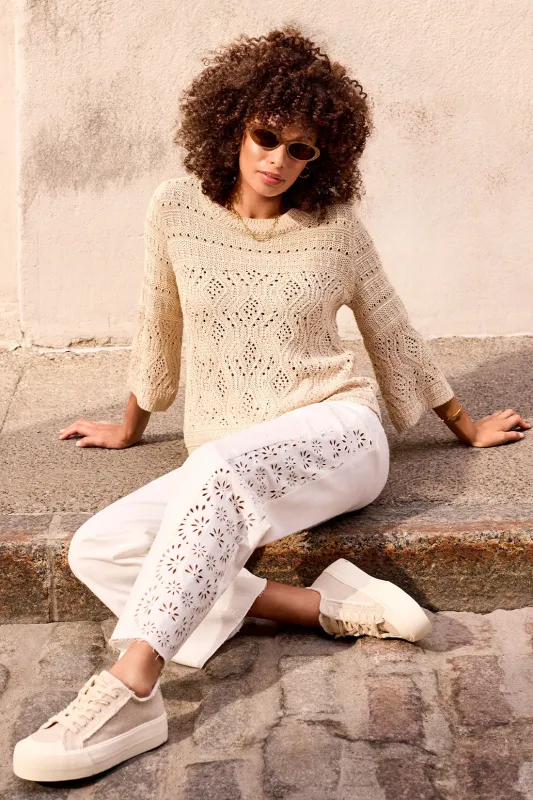Bell-Sleeve Cable Knit Crew Neck Sweater-Safari sold by Tribal