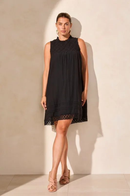 Textured Poplin Crewneck Sleeveless Dress-Black sold by Tribal