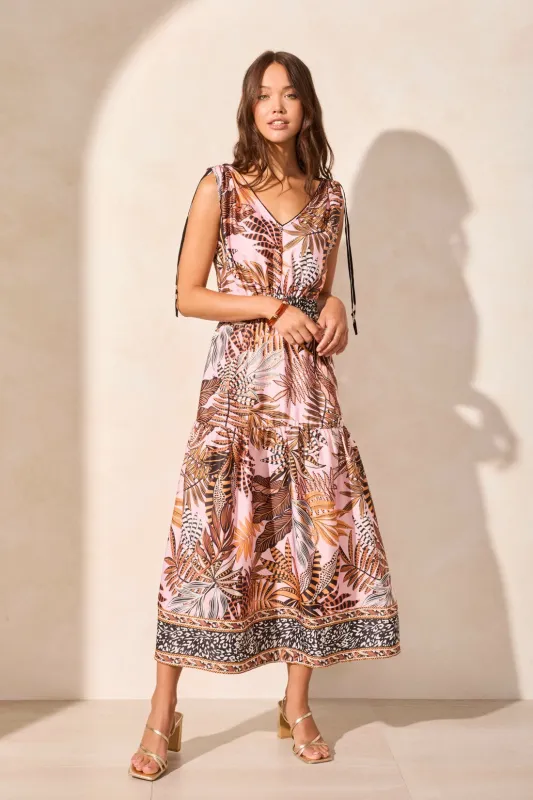 Printed Maxi Dress With Shoulder Ties-Goldensun sold by Tribal