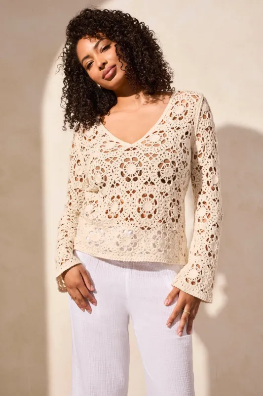 Crochet Bell Sleeve V-Neck Cotton Sweater-Cocomilk sold by Tribal