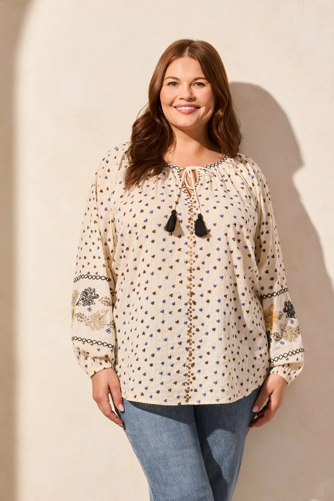 Long Puff Sleeve Embroidered Notch Neck Peasant Blouse-Cocomilk sold by Tribal product image thumbnail 2