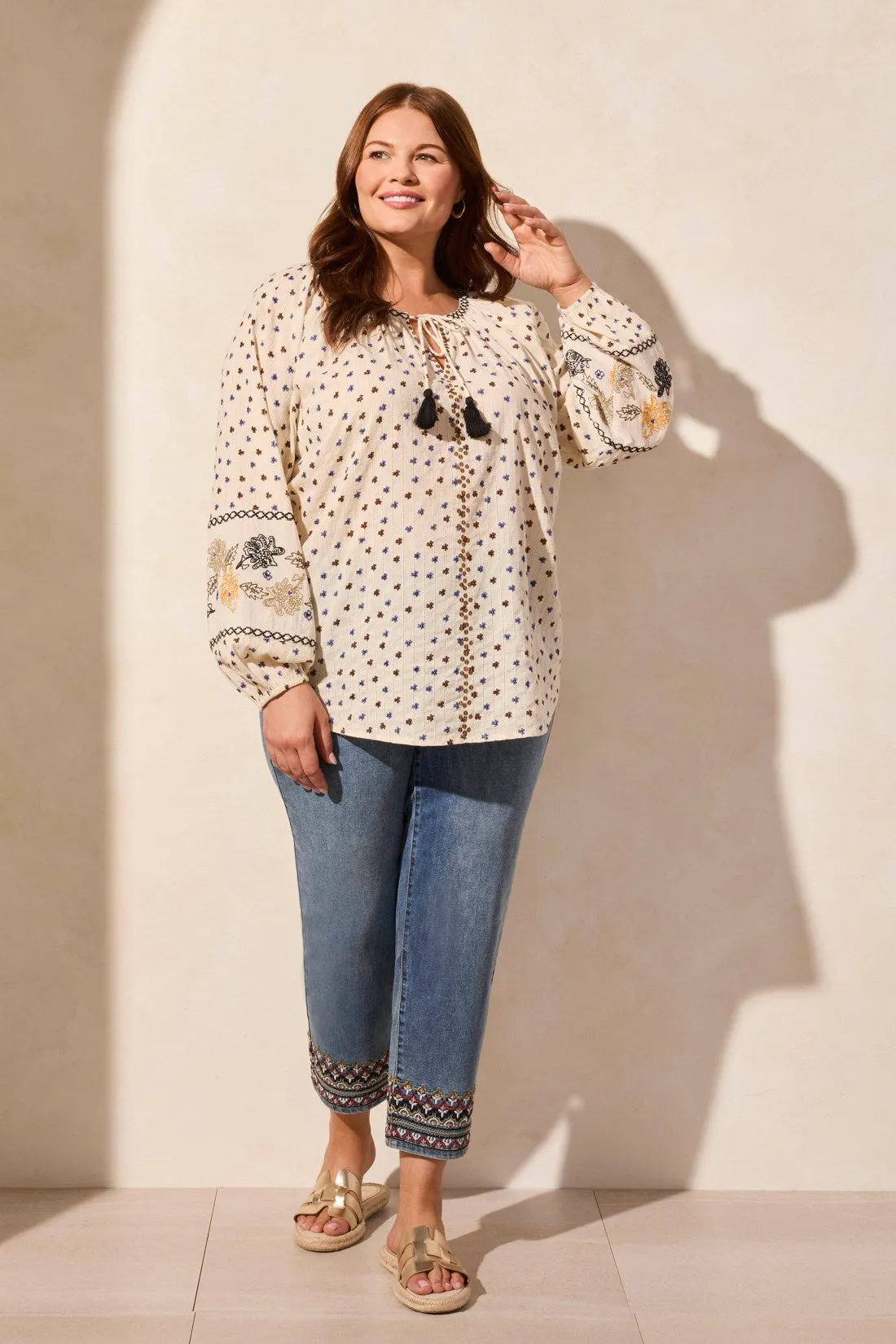 Long Puff Sleeve Embroidered Notch Neck Peasant Blouse-Cocomilk sold by Tribal