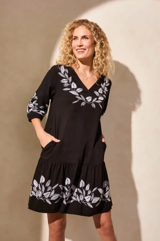 3/4 Sleeve V-Neck Embroidered Dress-Black sold by Tribal