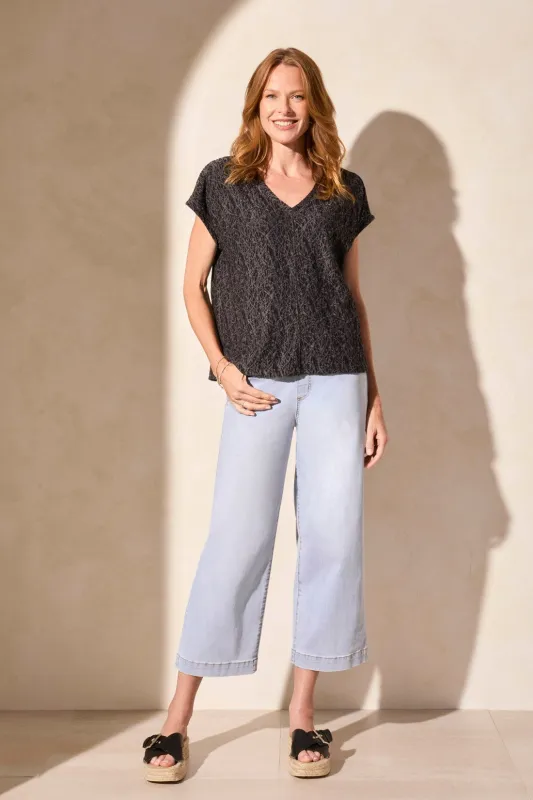 Cap-Sleeve V-Neck Puckered Knit Top-Black sold by Tribal