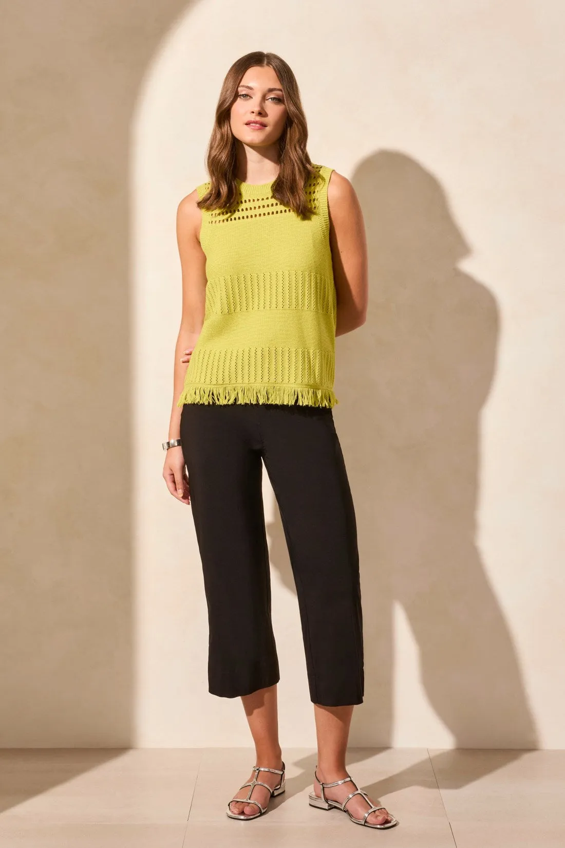 Sleeveless Fringe-Hem Crew Neck Sweater-Avocado sold by Tribal