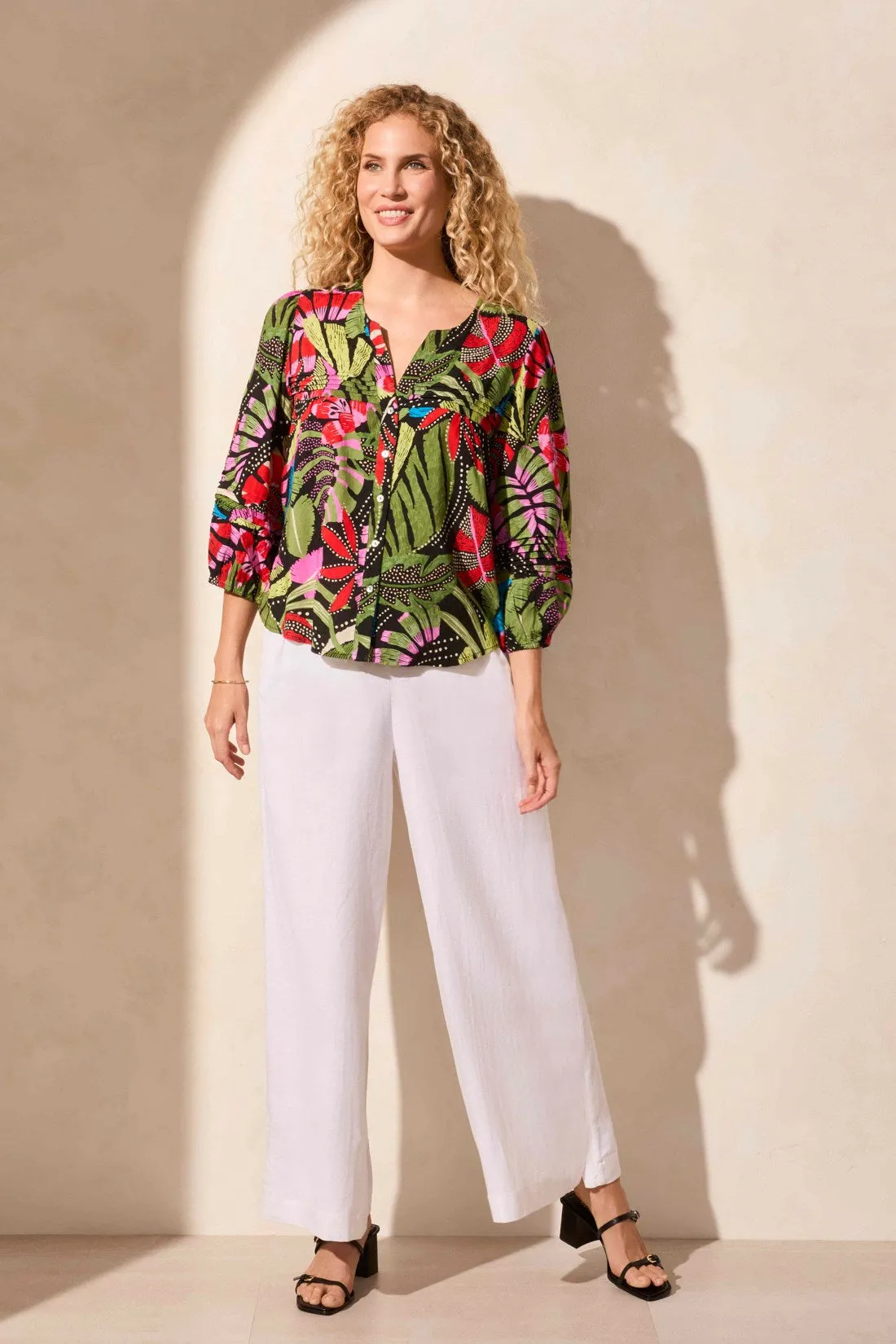 3/4 Sleeve Button-Front Blouse With Pleats-Loden sold by Tribal product image thumbnail 2