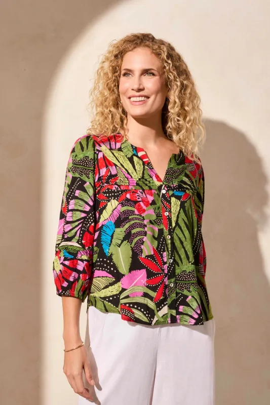 3/4 Sleeve Button-Front Blouse With Pleats-Loden sold by Tribal