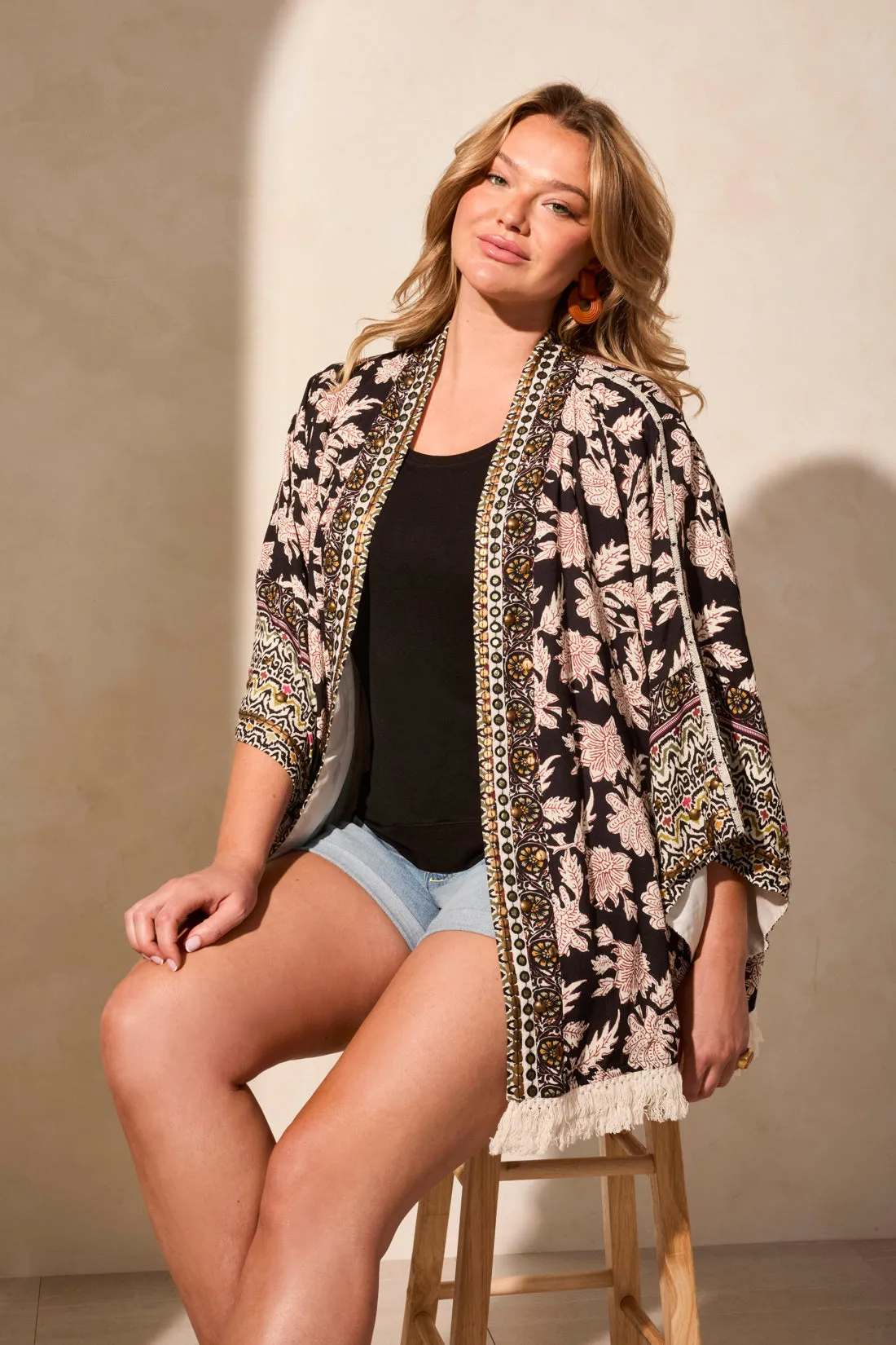 Embelished Kimono Sleeve Soft Fringed Jacket-Black sold by Tribal product image thumbnail 2