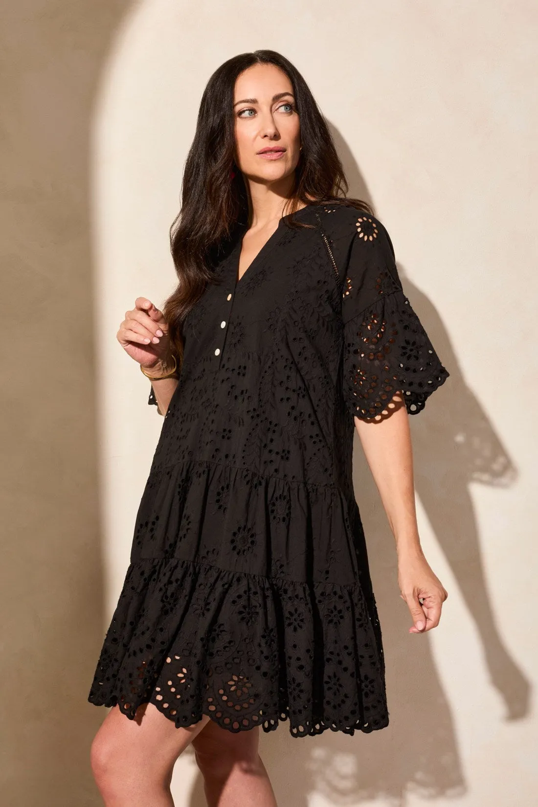 Cotton Eyelet Ruffle Short Sleeve Tiered Dress-Black sold by Tribal product image thumbnail 2