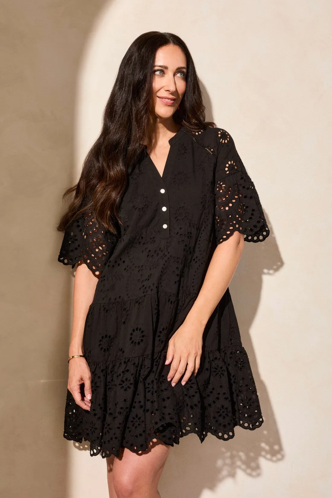 Cotton Eyelet Ruffle Short Sleeve Tiered Dress-Black sold by Tribal product image thumbnail 3