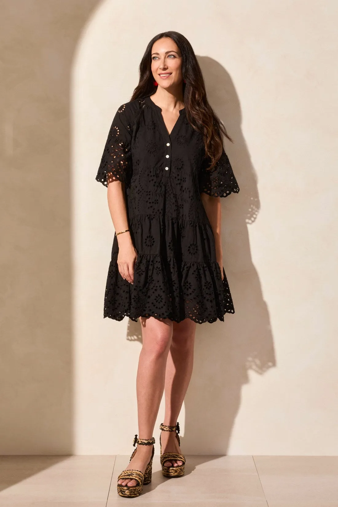 Cotton Eyelet Ruffle Short Sleeve Tiered Dress-Black sold by Tribal