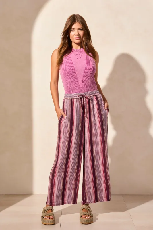 Linen Blend Striped Flowy Pants-Maroon sold by Tribal