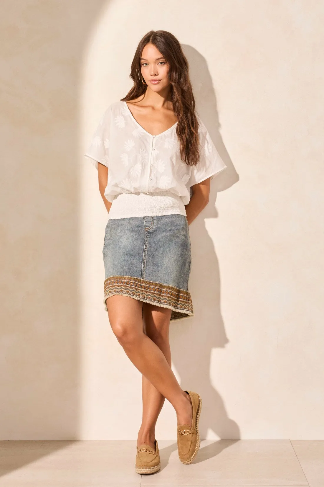 Popover Button-Front V-Neck Blouse-White sold by Tribal