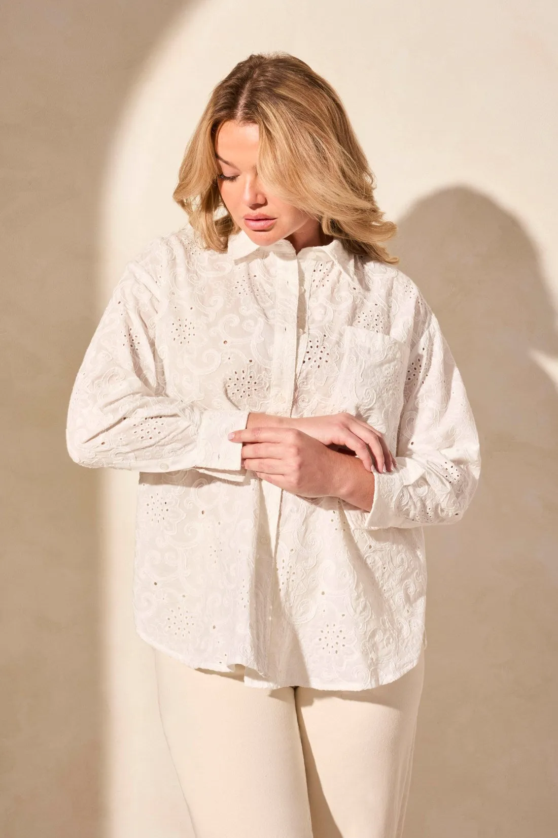 Eyelet Embroidered Long-Sleeve Button-Front Shirt-White sold by Tribal product image thumbnail 3