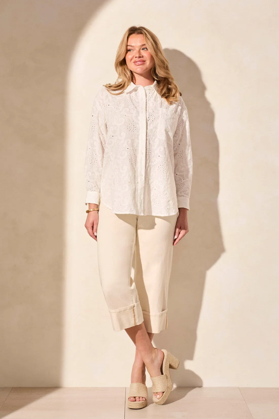 Eyelet Embroidered Long-Sleeve Button-Front Shirt-White sold by Tribal