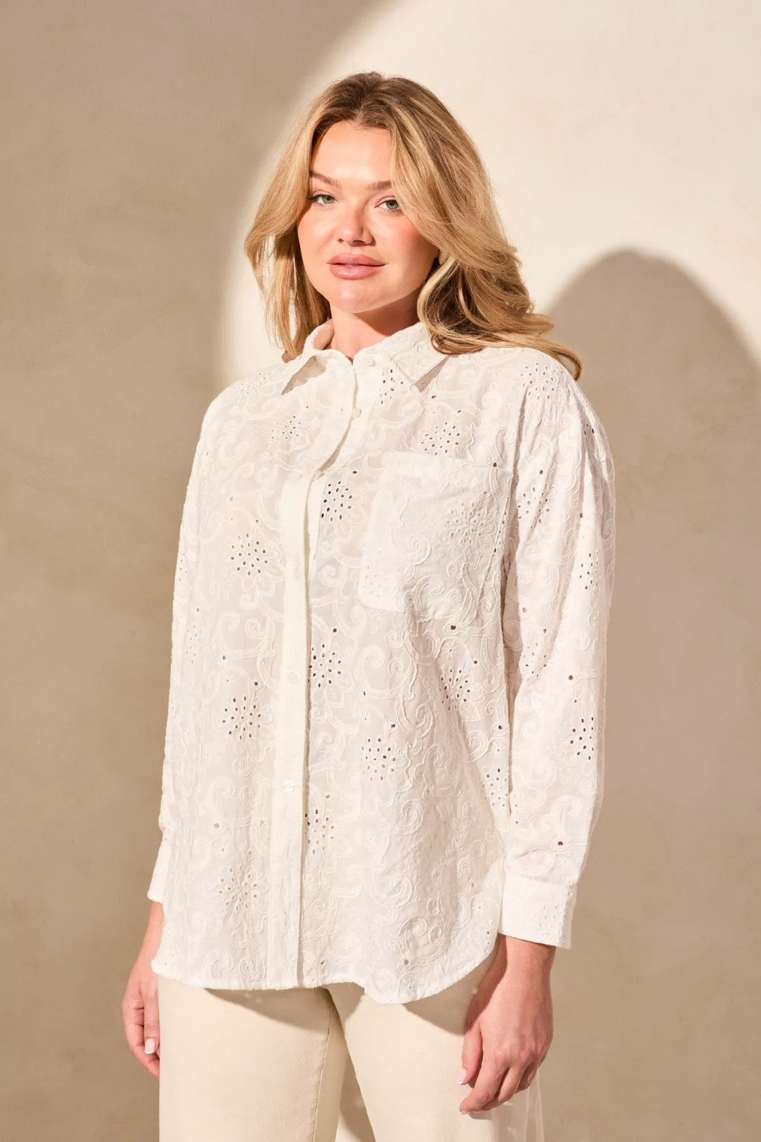 Eyelet Embroidered Long-Sleeve Button-Front Shirt-White sold by Tribal product image thumbnail 2