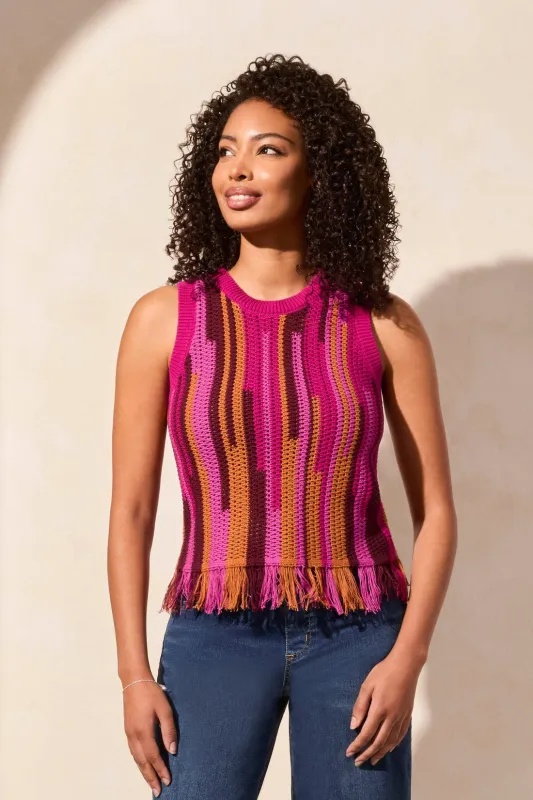 Fringe Crew Neck Cotton Sweater Cami-Orchidskymulti made by Tribal