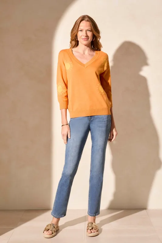 3/4 Sleeve V-Neck Jacquard Sweater-Goldensun sold by Tribal