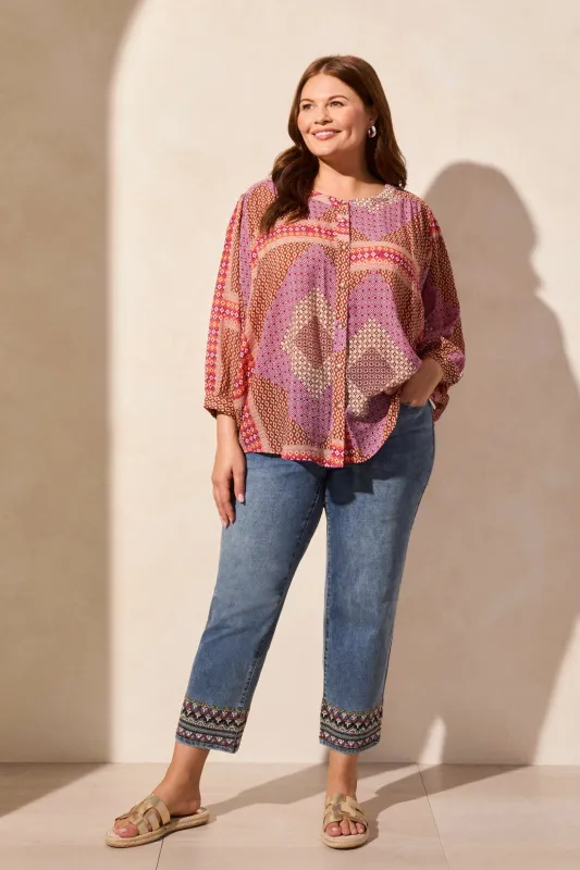 Printed Dolman-Sleeve Notch Neck Blouse-Passionfruit made by Tribal