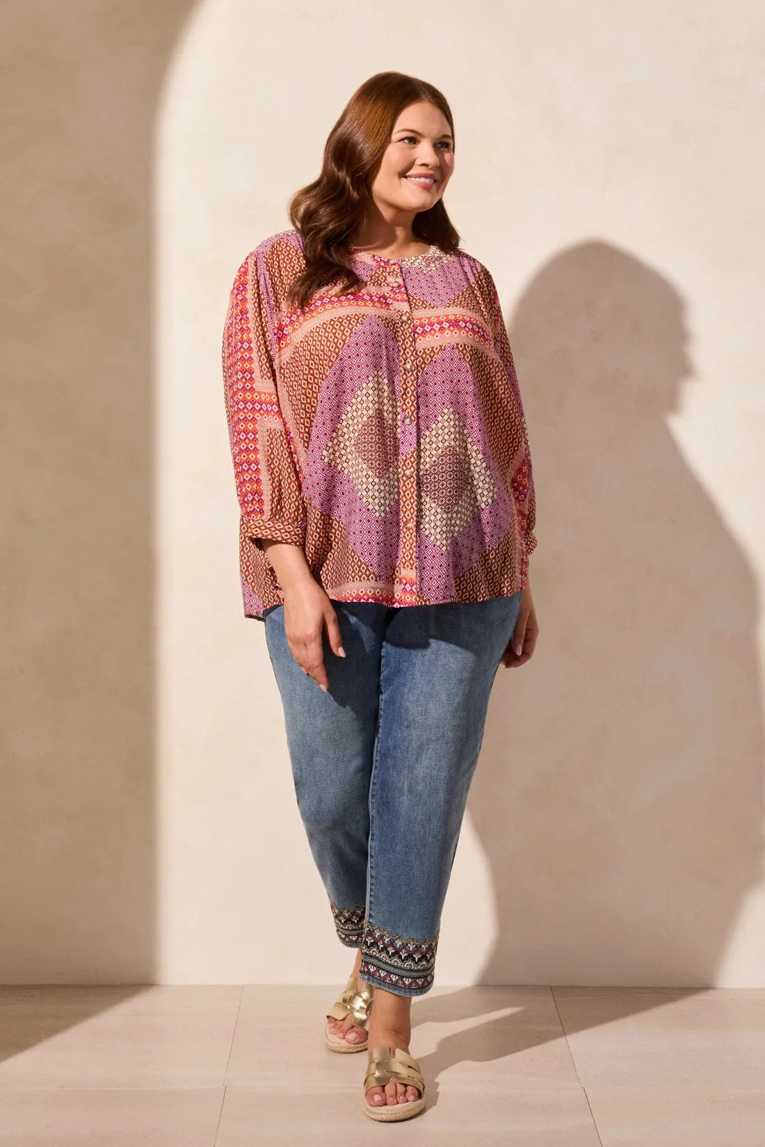 Printed Dolman-Sleeve Notch Neck Blouse-Passionfruit sold by Tribal product image thumbnail 2