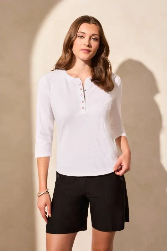 Soft Rib 3/4 Sleeve Henley Top-White sold by Tribal