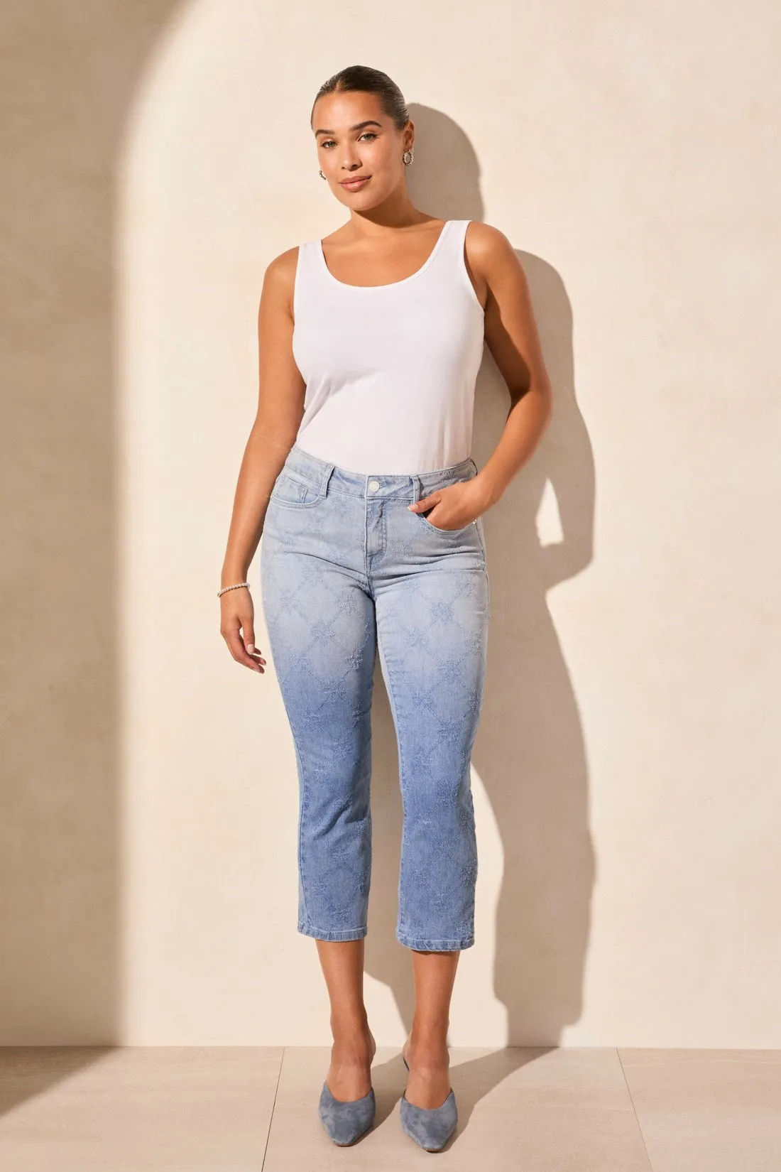 Audrey Mid Rise Dip-Dye Straight Crop Jeans-Gradient Blue sold by Tribal
