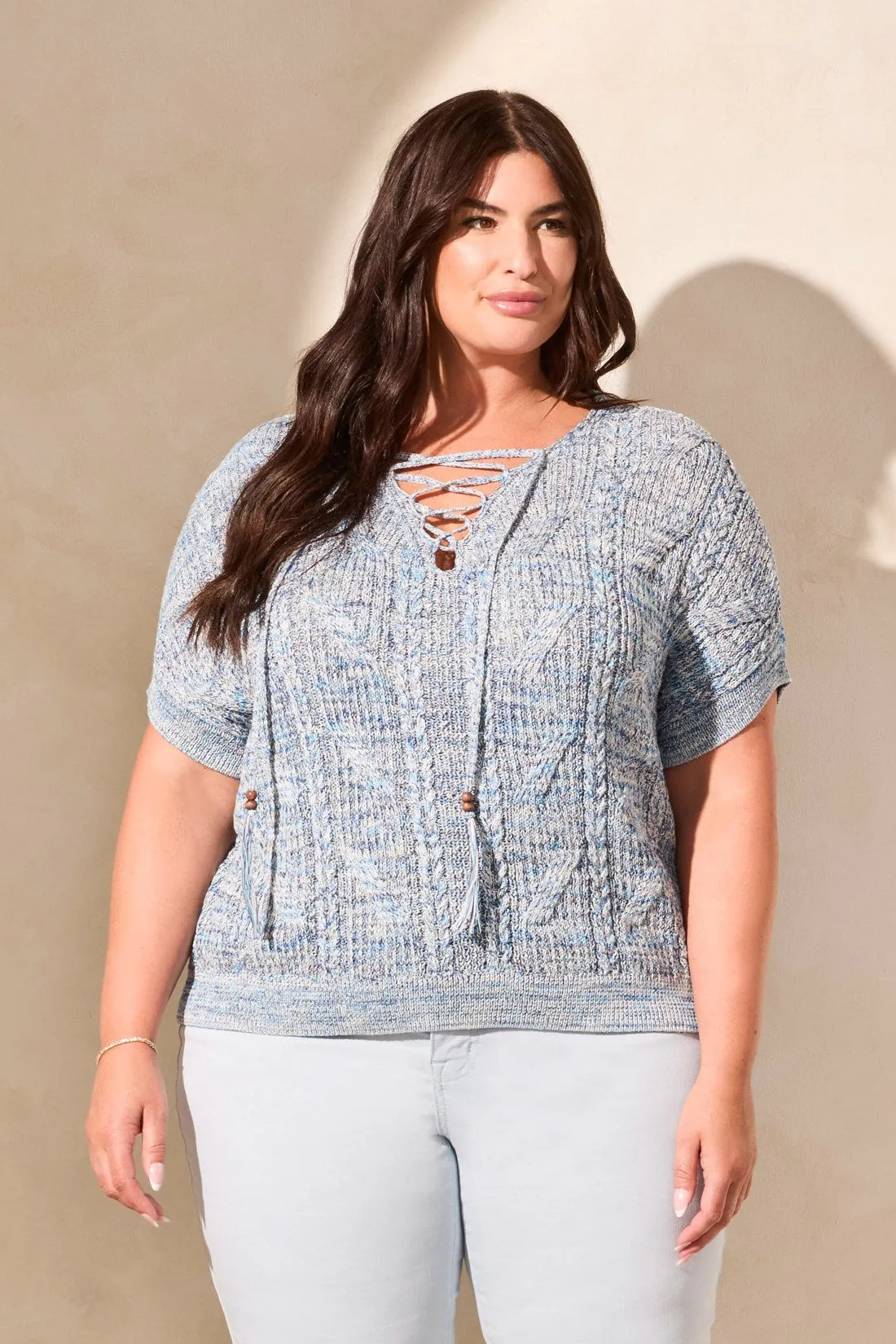 Multicolor Lace-Up Short Sleeve Sweater With Bead Accents-Nautical sold by Tribal product image thumbnail 3