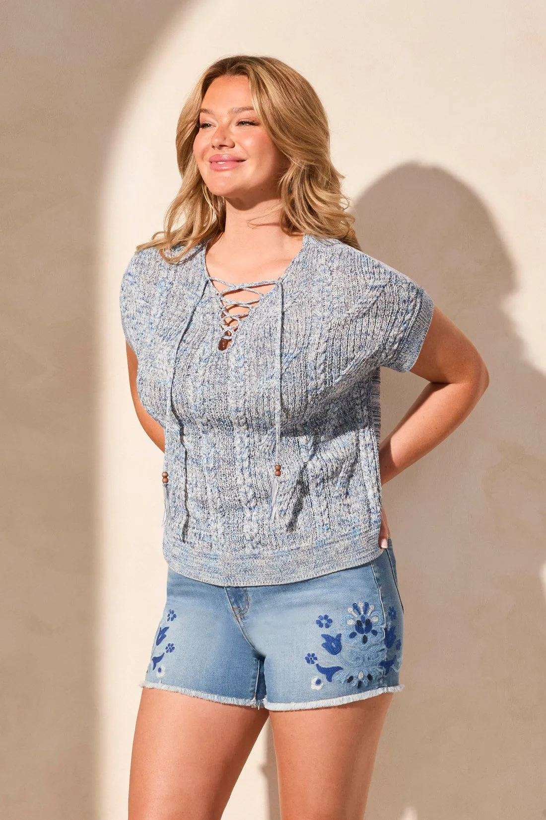 Multicolor Lace-Up Short Sleeve Sweater With Bead Accents-Nautical sold by Tribal product image thumbnail 4