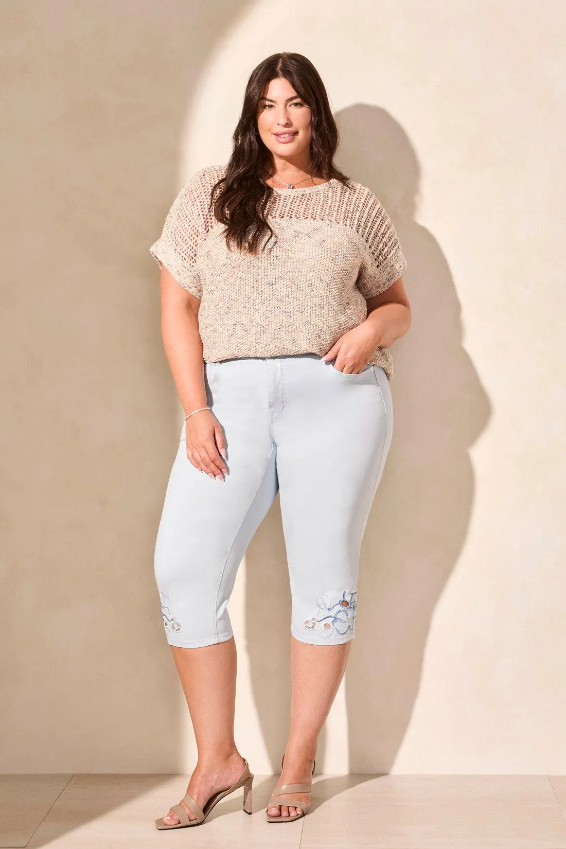 Mid Rise Curvy Embroidered Capri Jeans-Dk Water sold by Tribal