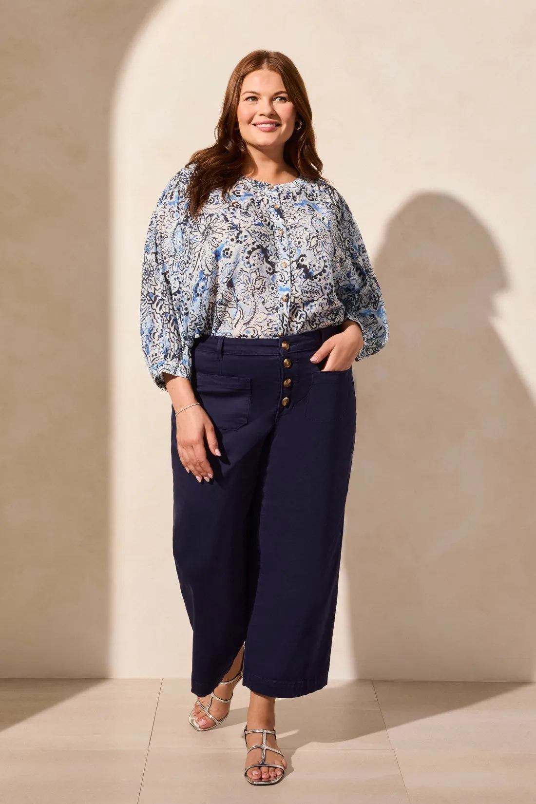 Printed Dolman-Sleeve Notch Neck Blouse-Scubablue sold by Tribal