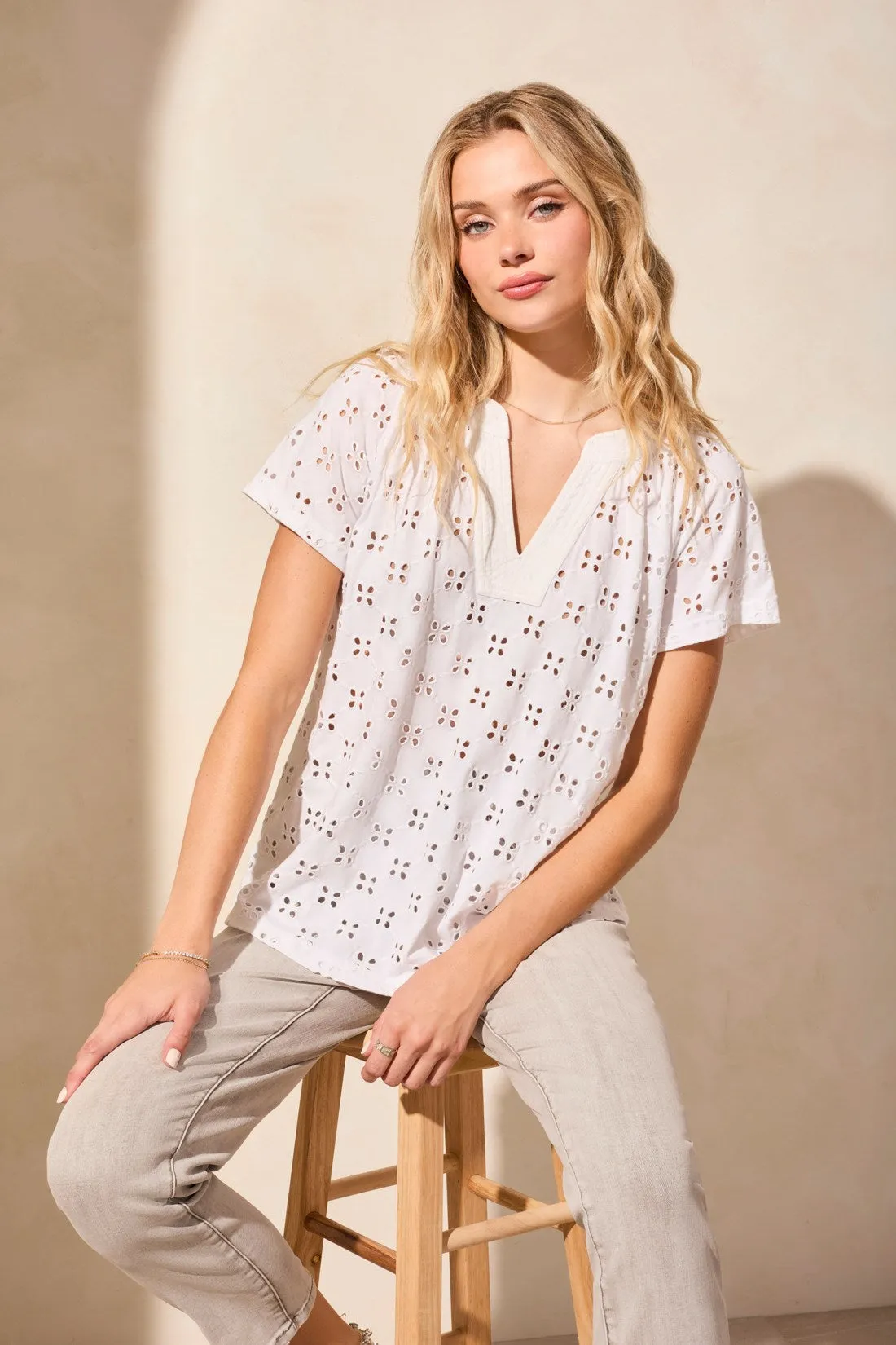 Embroidered Eyelet Short-Sleeve Notch Neck Top-White sold by Tribal product image thumbnail 3