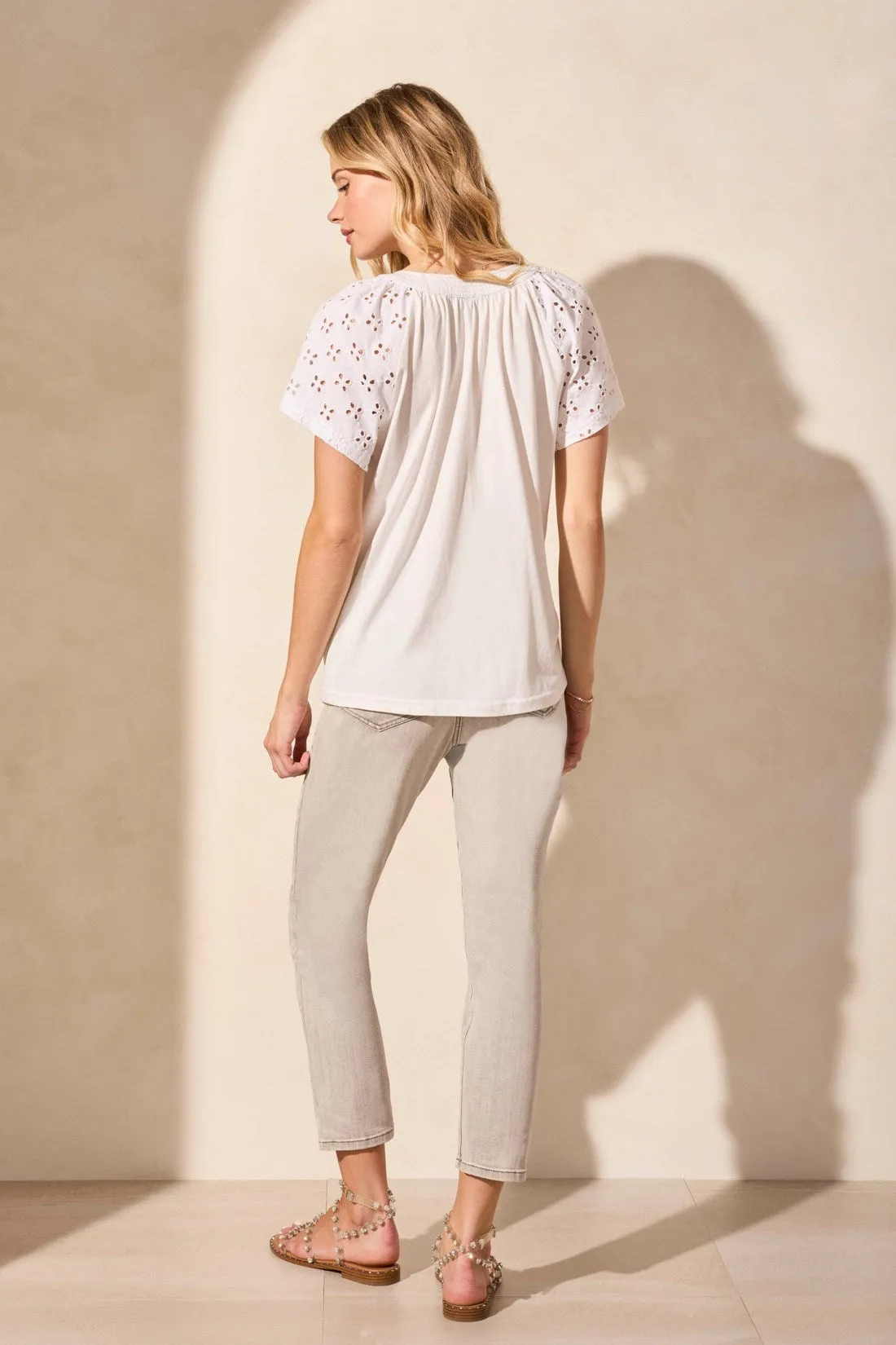 Embroidered Eyelet Short-Sleeve Notch Neck Top-White sold by Tribal product image thumbnail 4