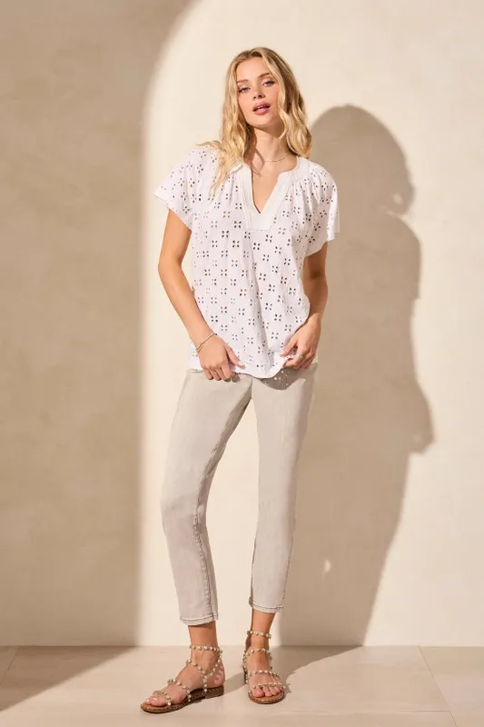 Embroidered Eyelet Short-Sleeve Notch Neck Top-White sold by Tribal