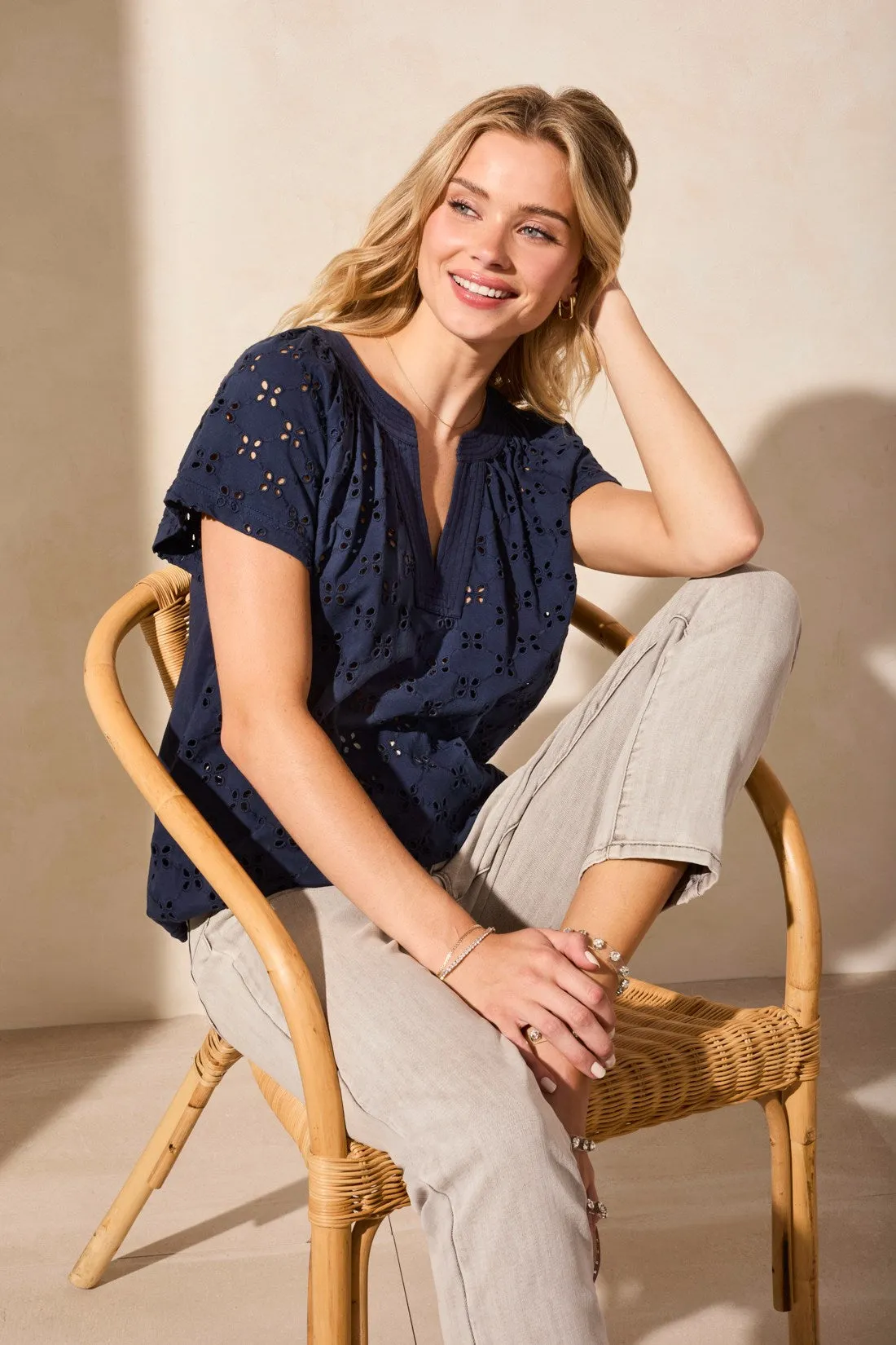 Embroidered Eyelet Short-Sleeve Notch Neck Top-Jet Blue sold by Tribal product image thumbnail 3