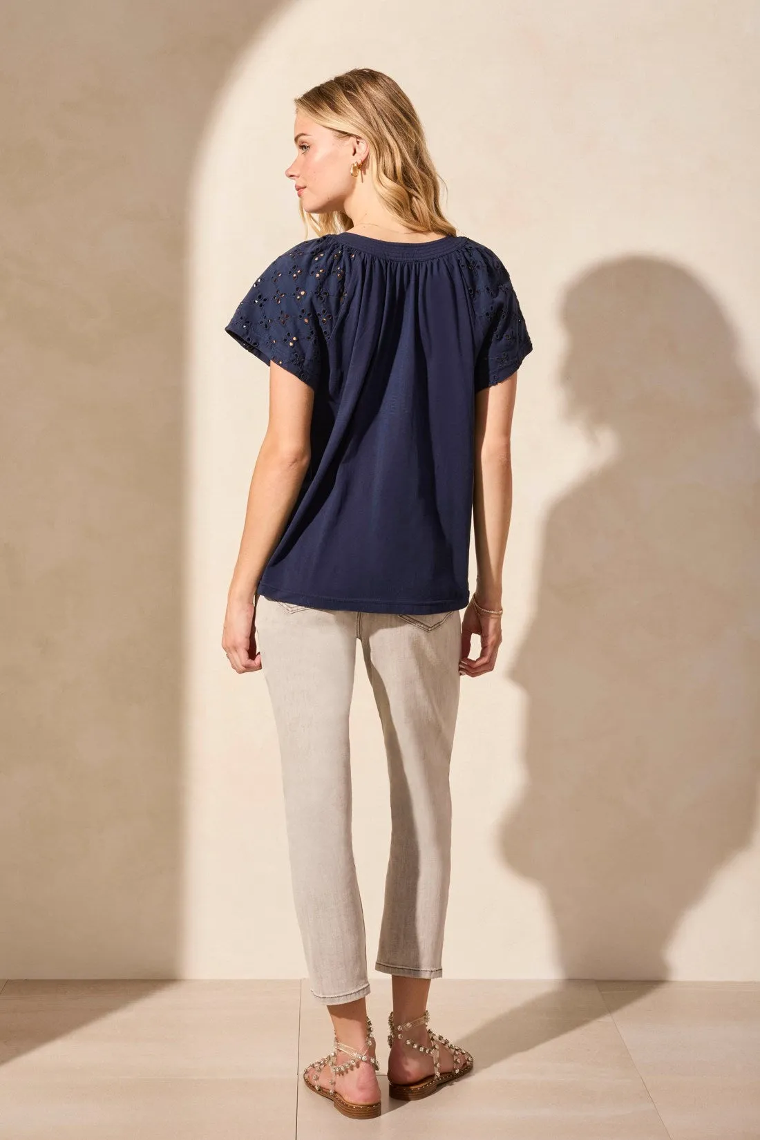 Embroidered Eyelet Short-Sleeve Notch Neck Top-Jet Blue sold by Tribal product image thumbnail 4