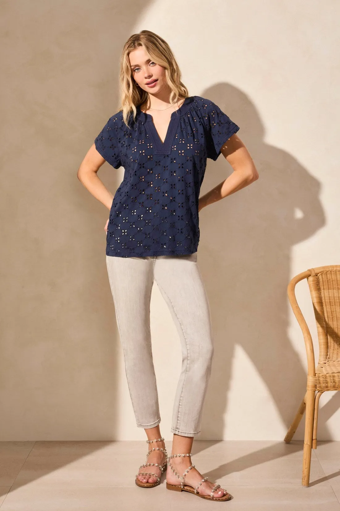 Embroidered Eyelet Short-Sleeve Notch Neck Top-Jet Blue sold by Tribal
