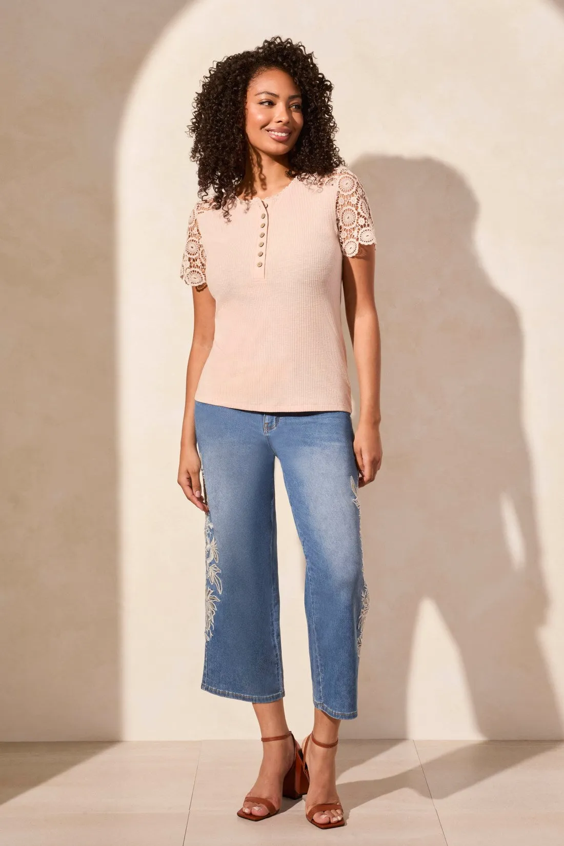 Lace-Accent Short-Sleeve Henley Knit Top-Seashell sold by Tribal product image thumbnail 4