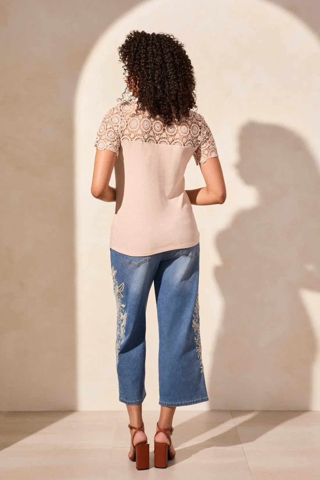 Lace-Accent Short-Sleeve Henley Knit Top-Seashell sold by Tribal product image thumbnail 5