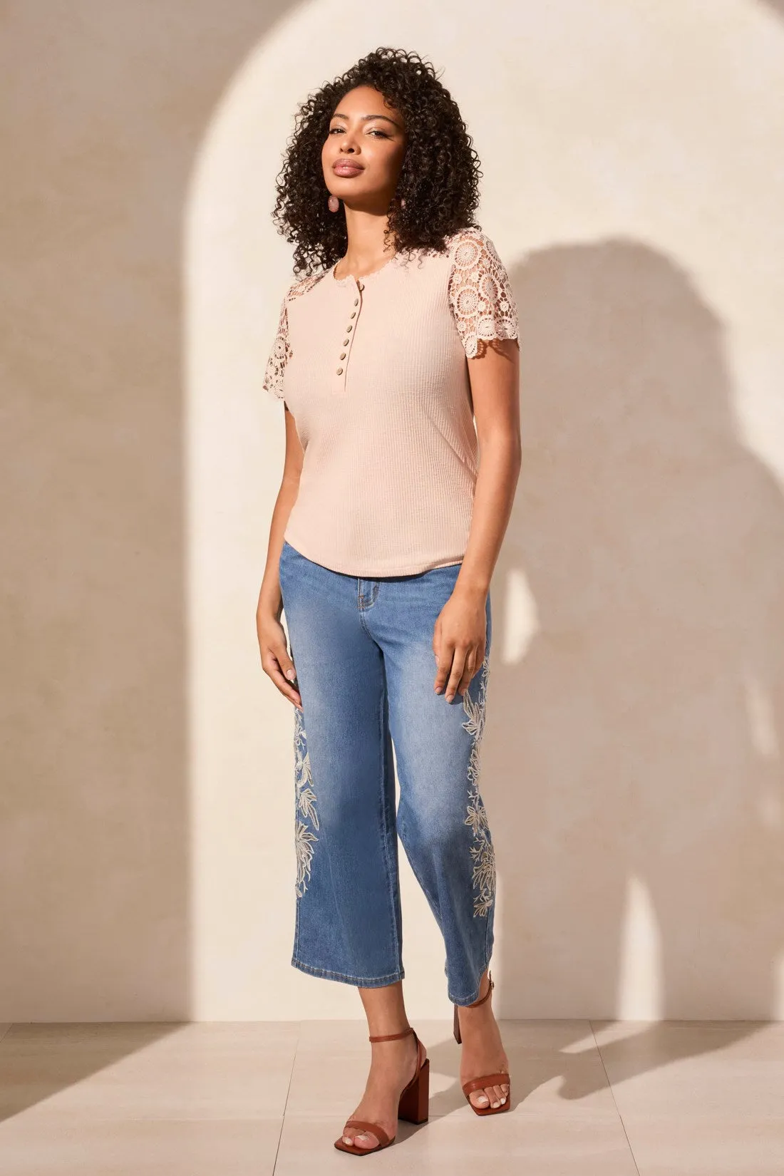 Lace-Accent Short-Sleeve Henley Knit Top-Seashell sold by Tribal product image thumbnail 2