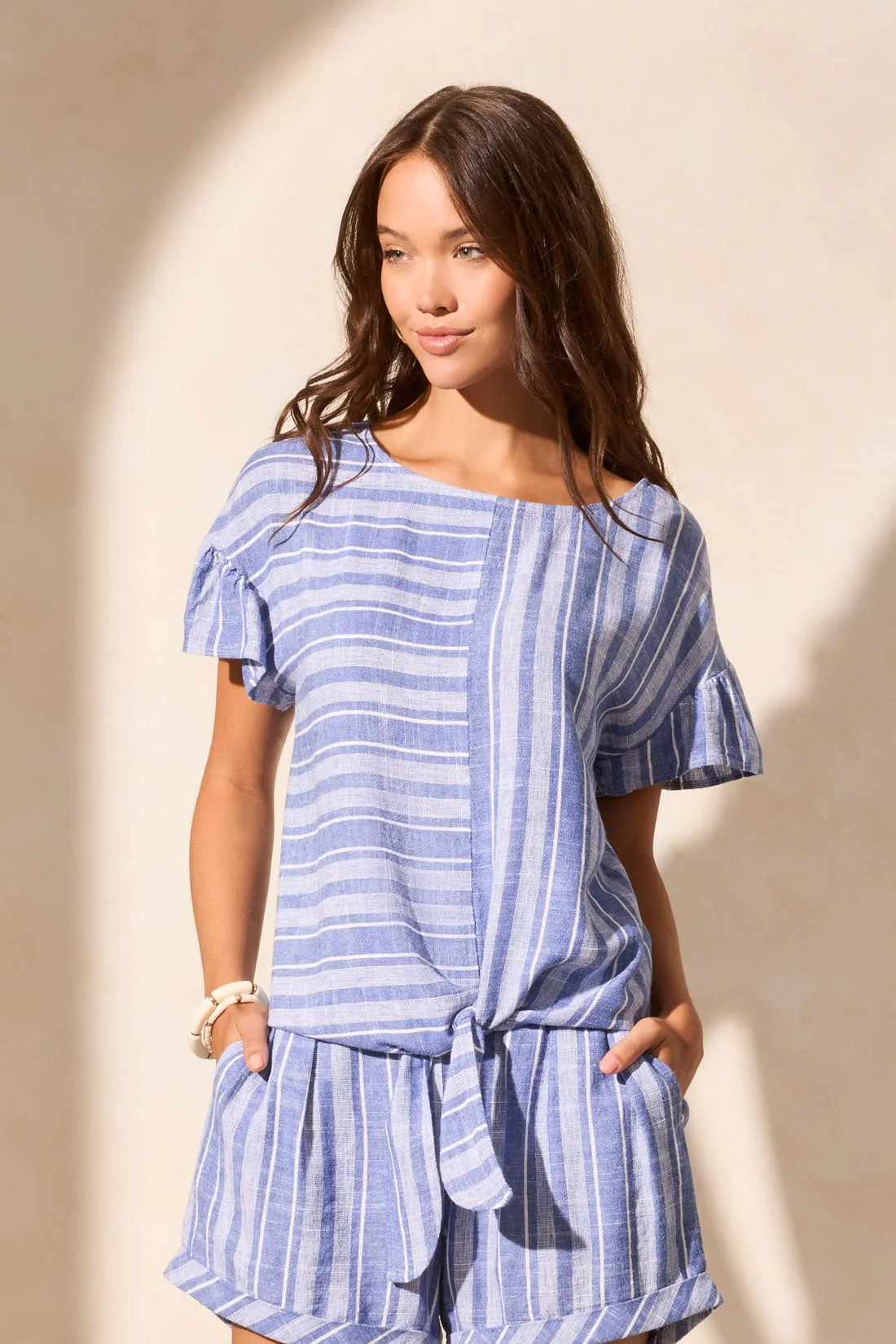 Linen Blend Tie-Front Blouse With Frilled Sleeves-Calypso Blue sold by Tribal