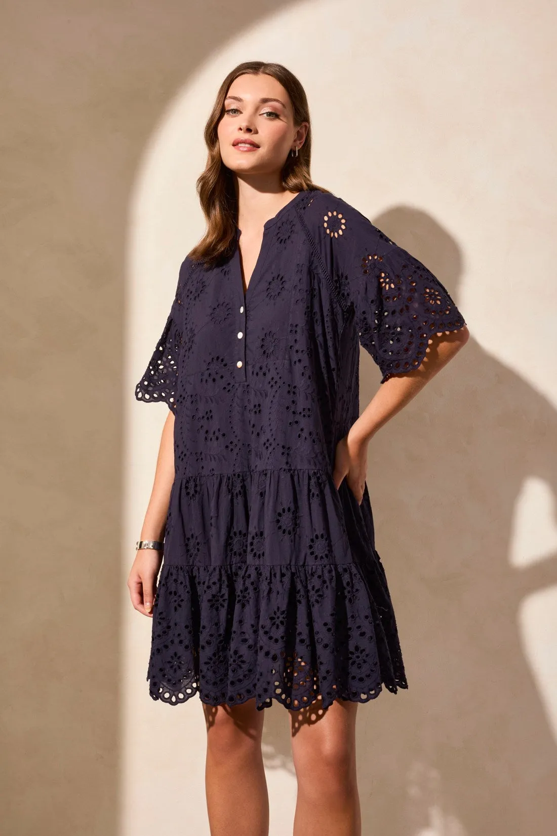 Cotton Eyelet Ruffle Short Sleeve Tiered Dress-Nautical sold by Tribal product image thumbnail 2