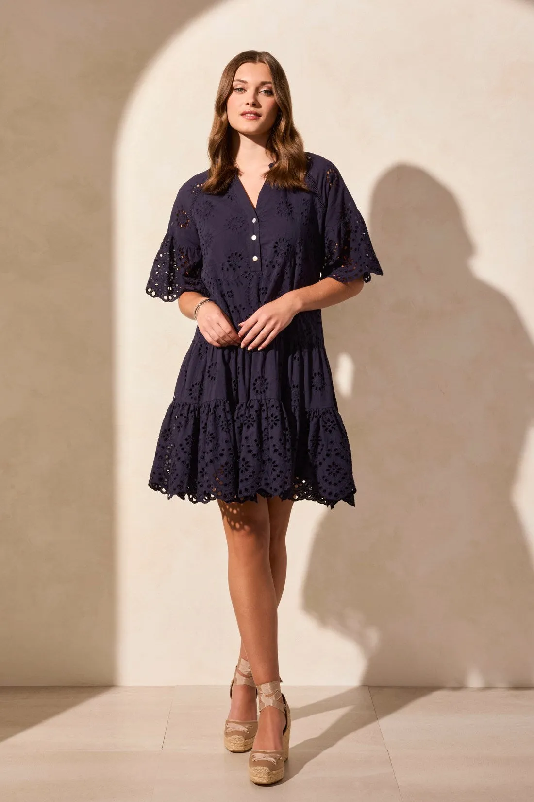 Cotton Eyelet Ruffle Short Sleeve Tiered Dress-Nautical sold by Tribal product image thumbnail 3