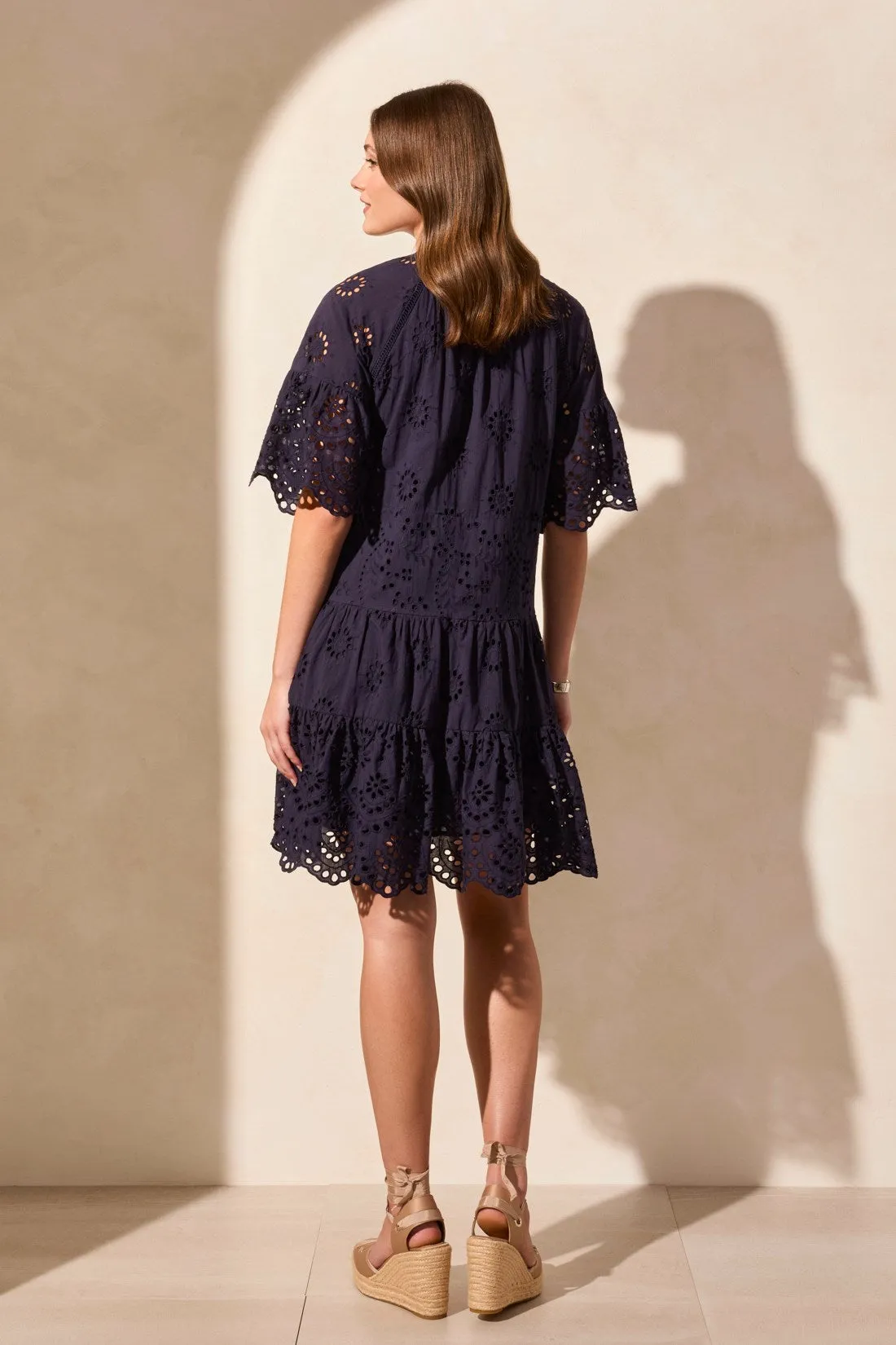 Cotton Eyelet Ruffle Short Sleeve Tiered Dress-Nautical sold by Tribal product image thumbnail 4