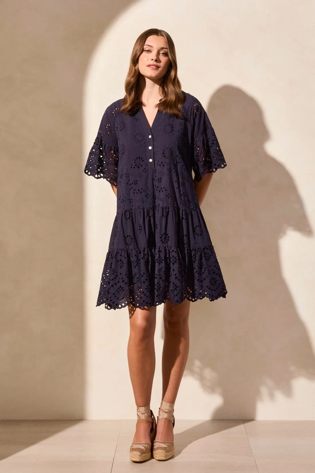 Cotton Eyelet Ruffle Short Sleeve Tiered Dress-Nautical sold by Tribal