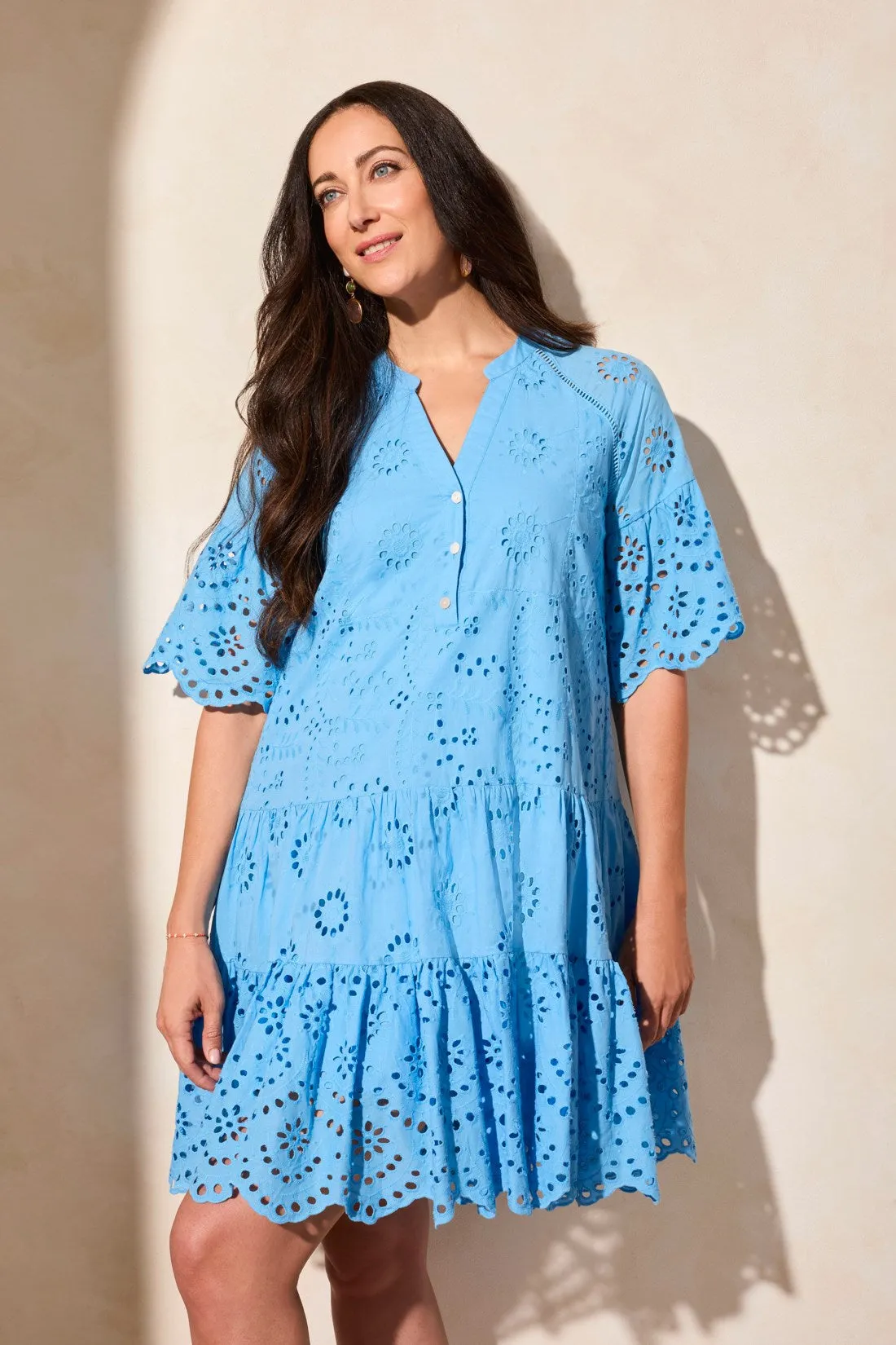 Cotton Eyelet Ruffle Short Sleeve Tiered Dress-Sailboat sold by Tribal